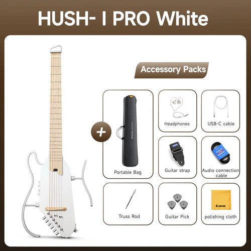 Donner Hush-I Pro Silent Acoustic Guitar Portable / Travel Acoustic Guitar Kit with Sound Effects - White