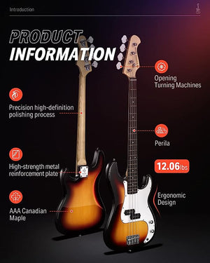 Donner DPB-510S Electric Bass - Sunburst