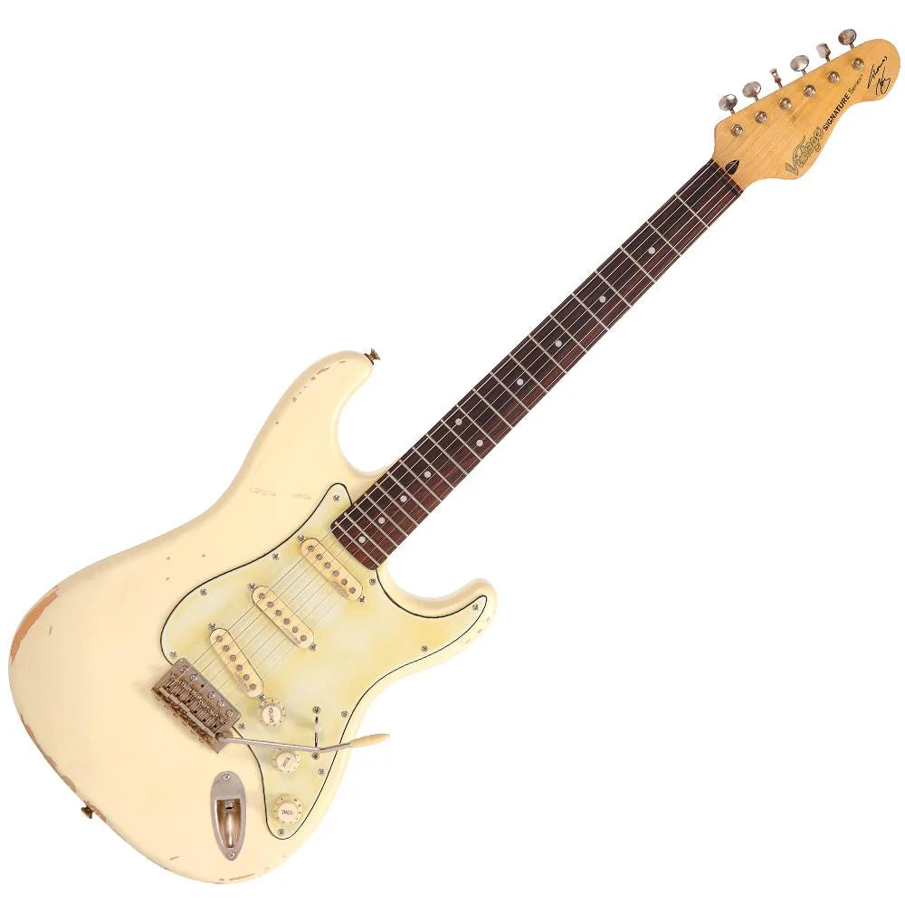 Vintage V6MRTBG Thomas Blug Signature Electric Guitar ~ Distressed Vintage White