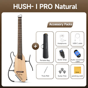 Donner Hush-I Pro Silent Acoustic Guitar Portable / Travel Acoustic Guitar Kit with Sound Effects - Natural
